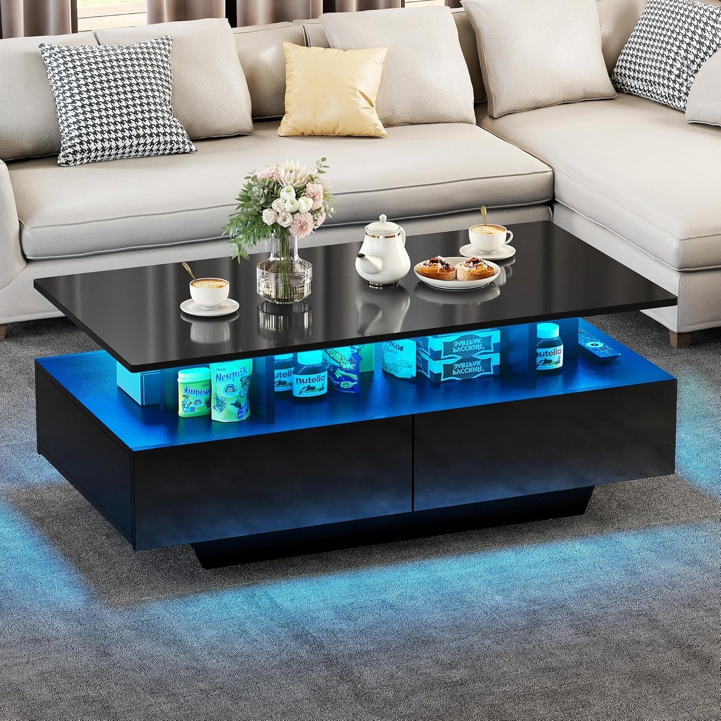 YITAHOME LED Coffee Table with Storage, High Glossy LED Coffee Tables for Living Room, Modern Black Rectangle Coffe Table, Small Center Table with Open Display Shelf & Sliding Drawers, Black