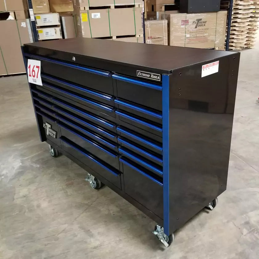 Showroom Demo, Extreme Tools RX Series 72″ 19 Drawers 25″ Deep Roller Cabinet, Black-Blue, 150 lbs. Slides