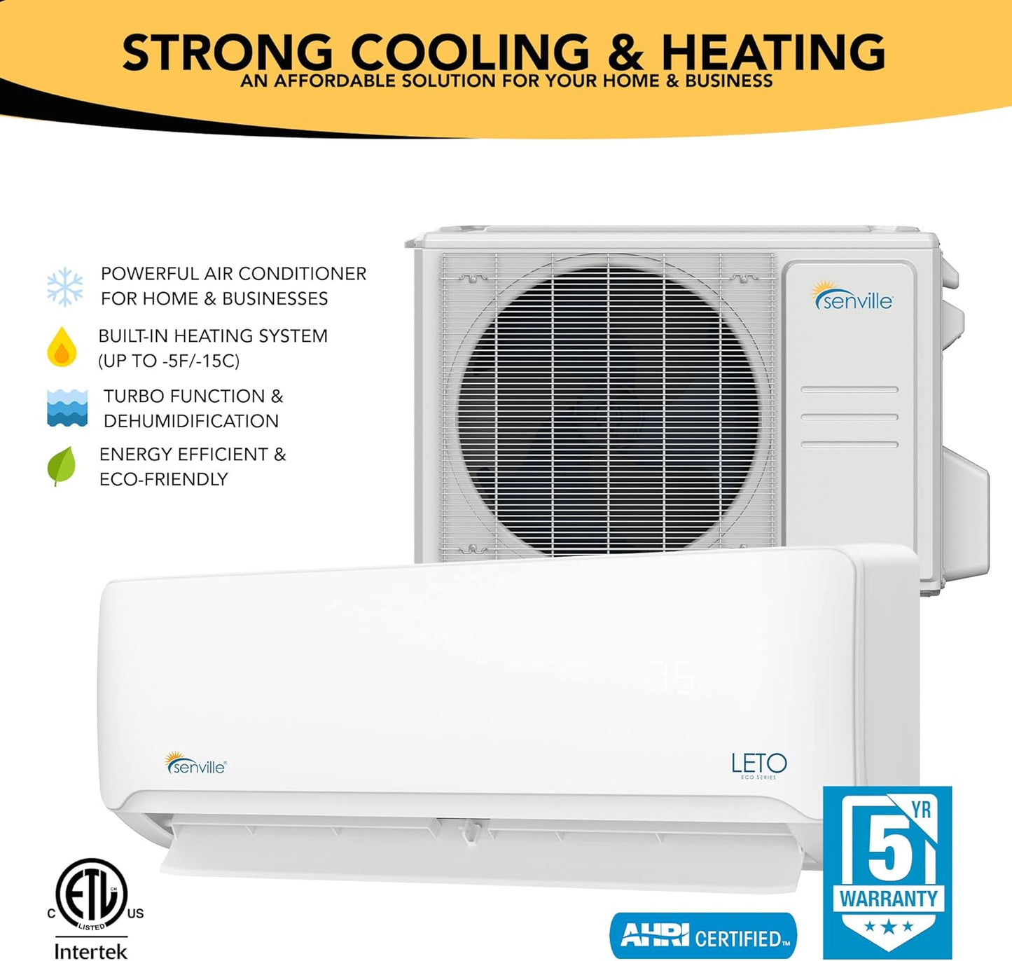 Senville LETO Series Mini Split Air Conditioner Heat Pump, 24000 BTU 208/230V, Inverter, Works with Alexa, SEER2 18, 2 Ton, White