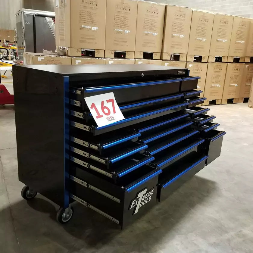 Showroom Demo, Extreme Tools RX Series 72″ 19 Drawers 25″ Deep Roller Cabinet, Black-Blue, 150 lbs. Slides