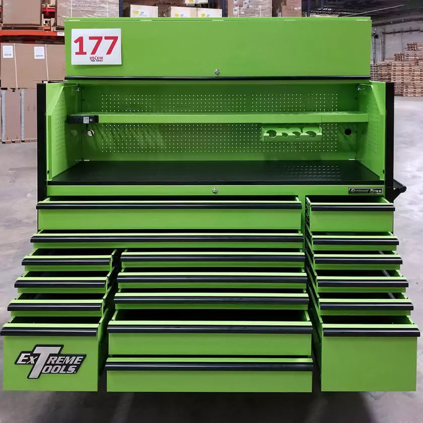 Scratch & Dent, Extreme Tools DX Series 72″ x 21″ Triple Bank Roller & Hutch Combo in Green-Black – Showroom Demo