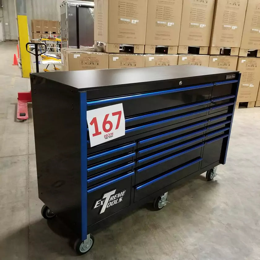 Showroom Demo, Extreme Tools RX Series 72″ 19 Drawers 25″ Deep Roller Cabinet, Black-Blue, 150 lbs. Slides