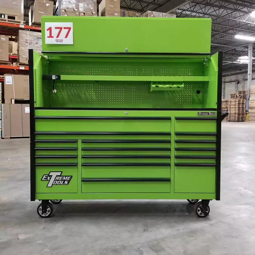 Scratch & Dent, Extreme Tools DX Series 72″ x 21″ Triple Bank Roller & Hutch Combo in Green-Black – Showroom Demo