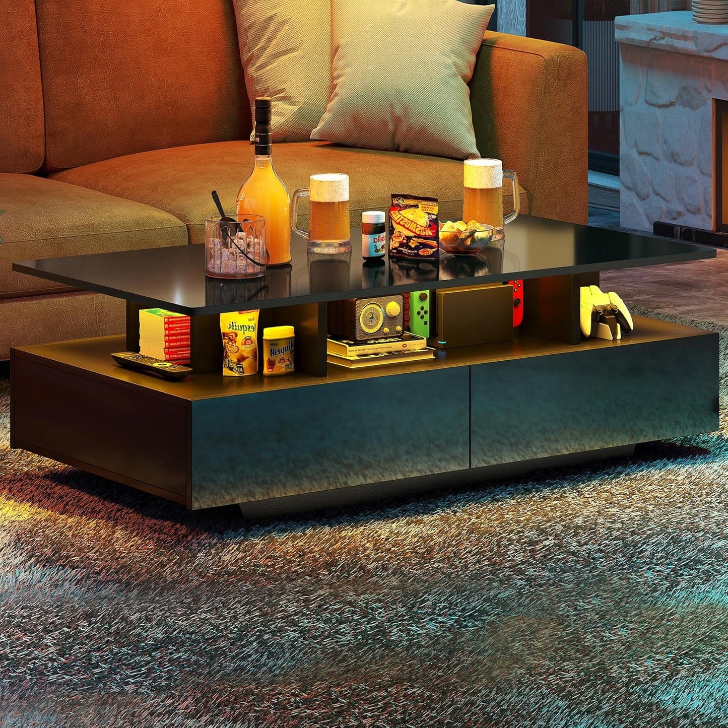 YITAHOME LED Coffee Table with Storage, High Glossy LED Coffee Tables for Living Room, Modern Black Rectangle Coffe Table, Small Center Table with Open Display Shelf & Sliding Drawers, Black