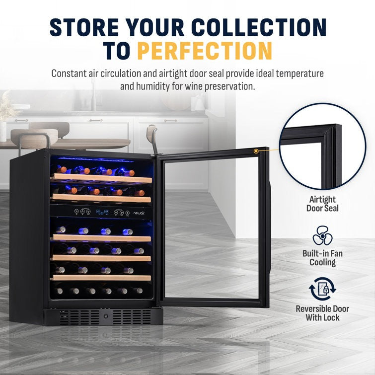 Newair 24" 46 Bottle Dual Zone Built-in Wine Refrigerator with Beechwood Shelves and Safety Lock