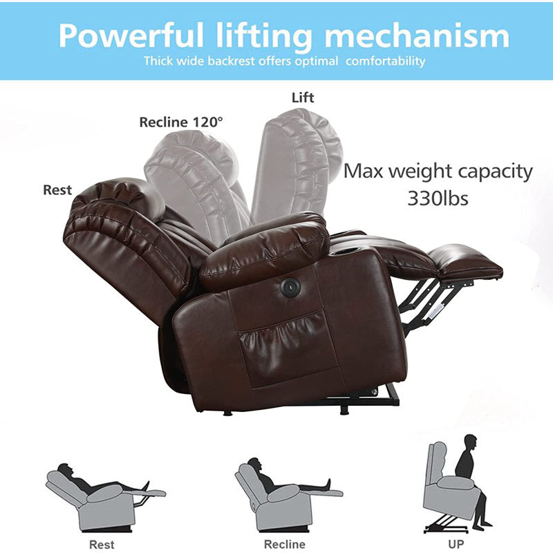 💥Clearance Sale🔥 MCombo Large Lay Flat Dual Motor Power Lift Recliner Chair Sofa with Massage and Heat, USB Ports, Cup Holders, Extended Footrest!