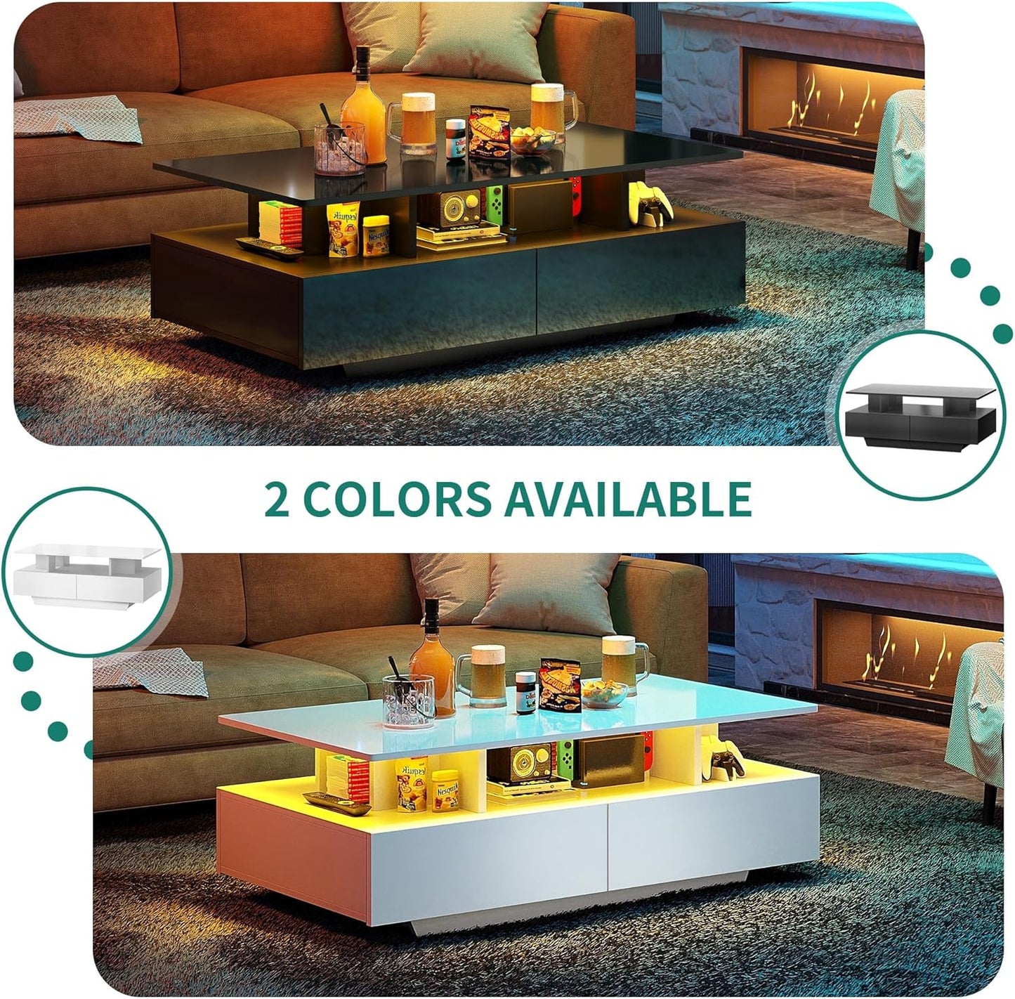 YITAHOME LED Coffee Table with Storage, High Glossy LED Coffee Tables for Living Room, Modern Black Rectangle Coffe Table, Small Center Table with Open Display Shelf & Sliding Drawers, Black