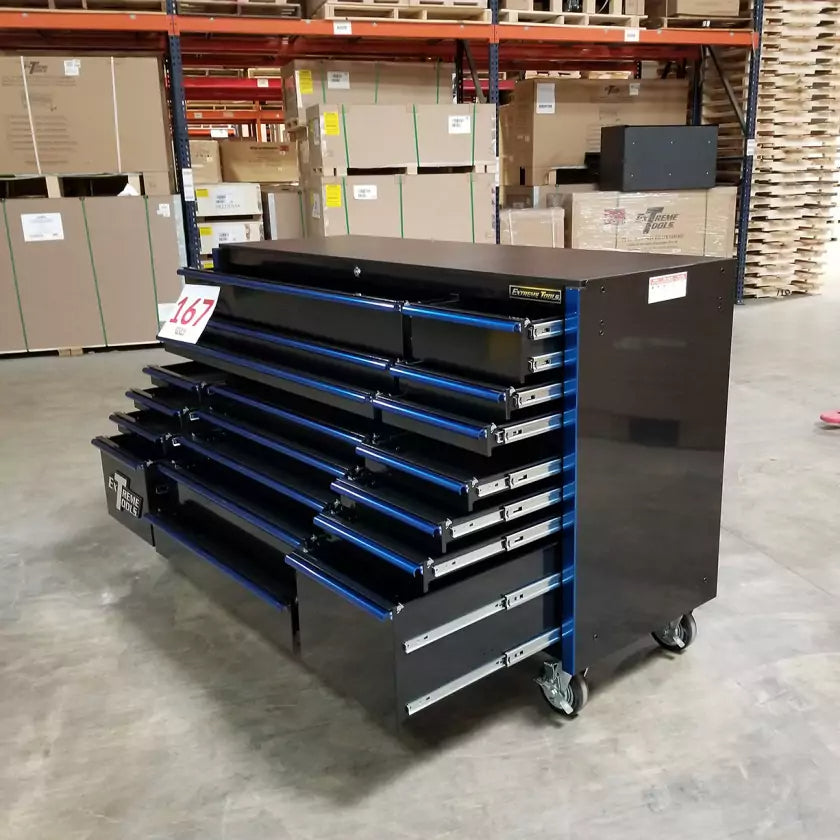 Showroom Demo, Extreme Tools RX Series 72″ 19 Drawers 25″ Deep Roller Cabinet, Black-Blue, 150 lbs. Slides