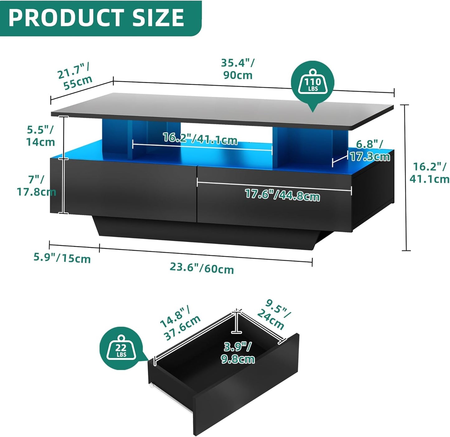 YITAHOME LED Coffee Table with Storage, High Glossy LED Coffee Tables for Living Room, Modern Black Rectangle Coffe Table, Small Center Table with Open Display Shelf & Sliding Drawers, Black