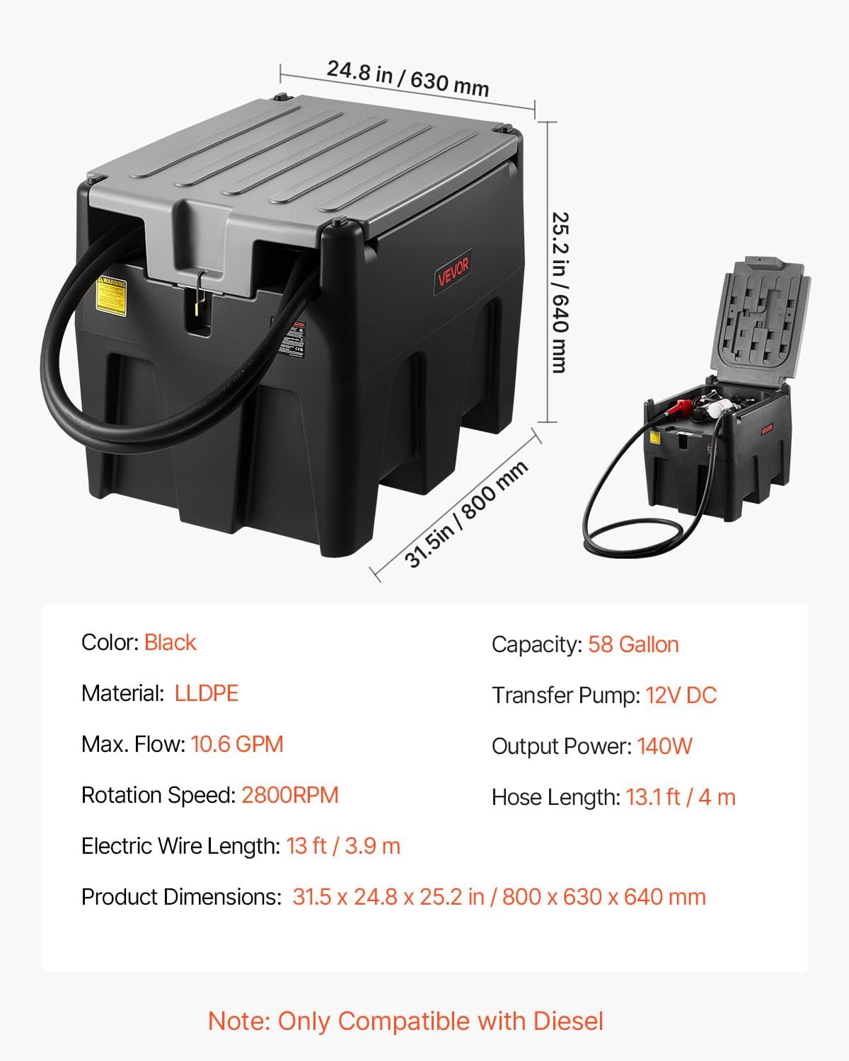 VEVOR Transfer Tank, 58 Gallon Capacity & 12V Electric Transfer Pump