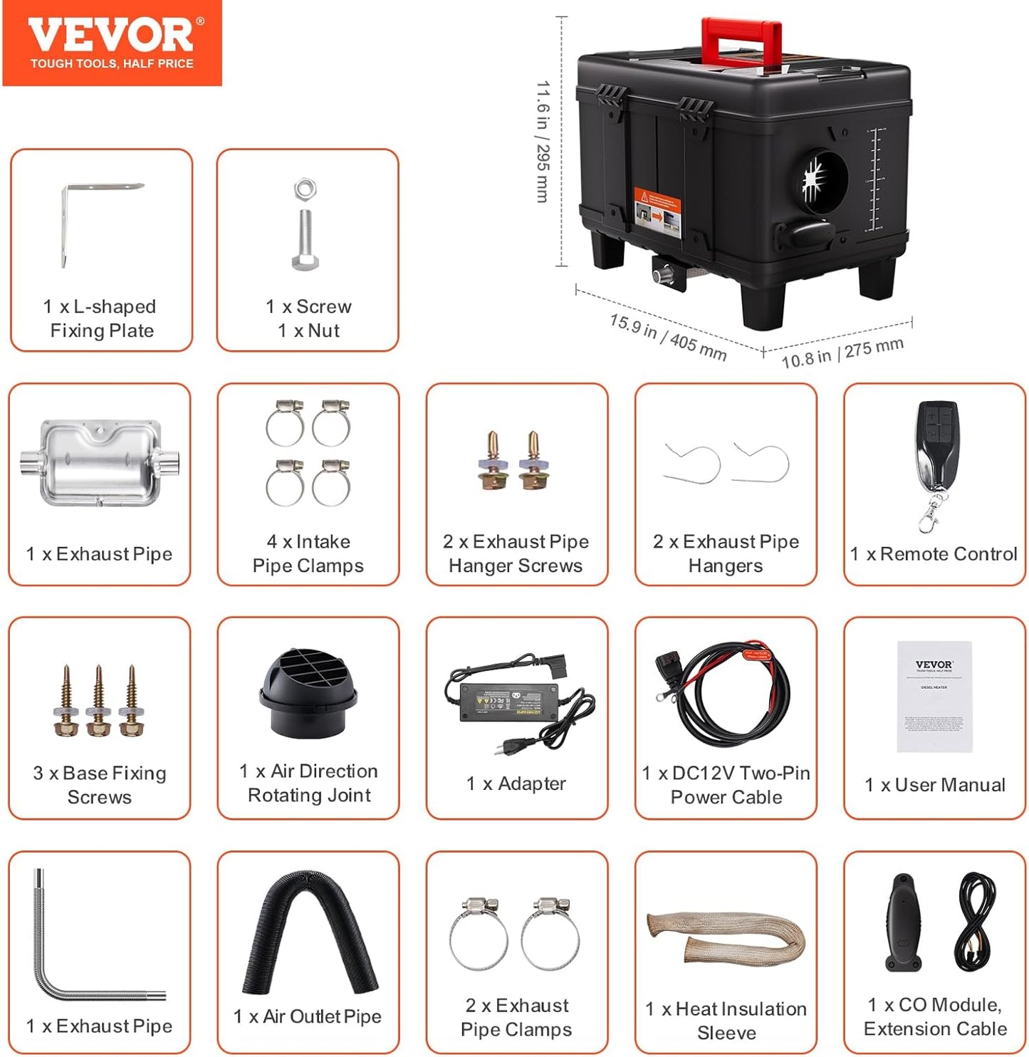 VEVOR Diesel Air Heater 12V/24V 8KW Bluetooth APP Remote Control for Vehicles