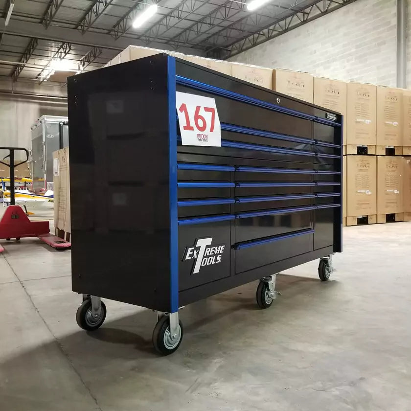 Showroom Demo, Extreme Tools RX Series 72″ 19 Drawers 25″ Deep Roller Cabinet, Black-Blue, 150 lbs. Slides