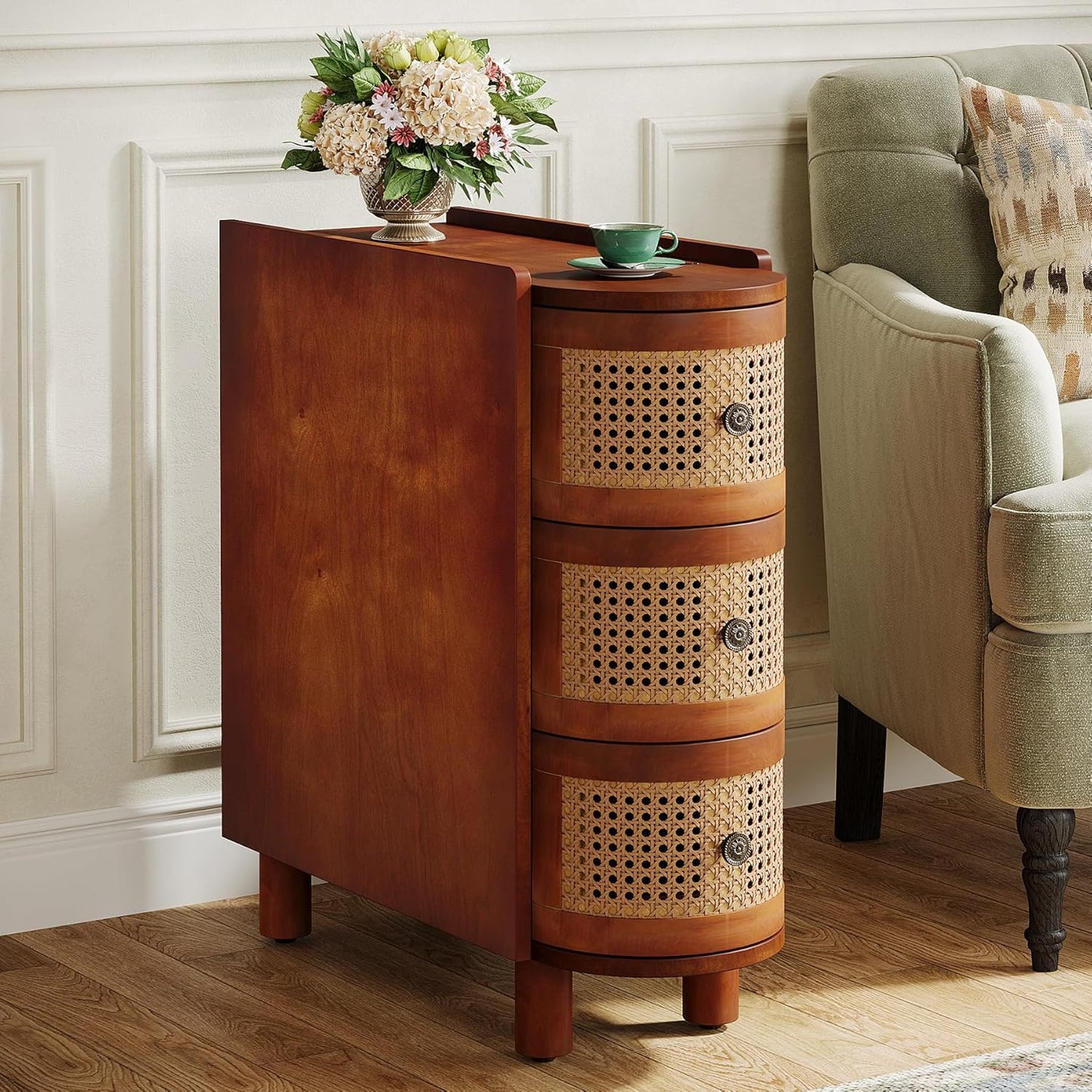 3 drawer rattan exquisite embossed handle nightstand for living room
