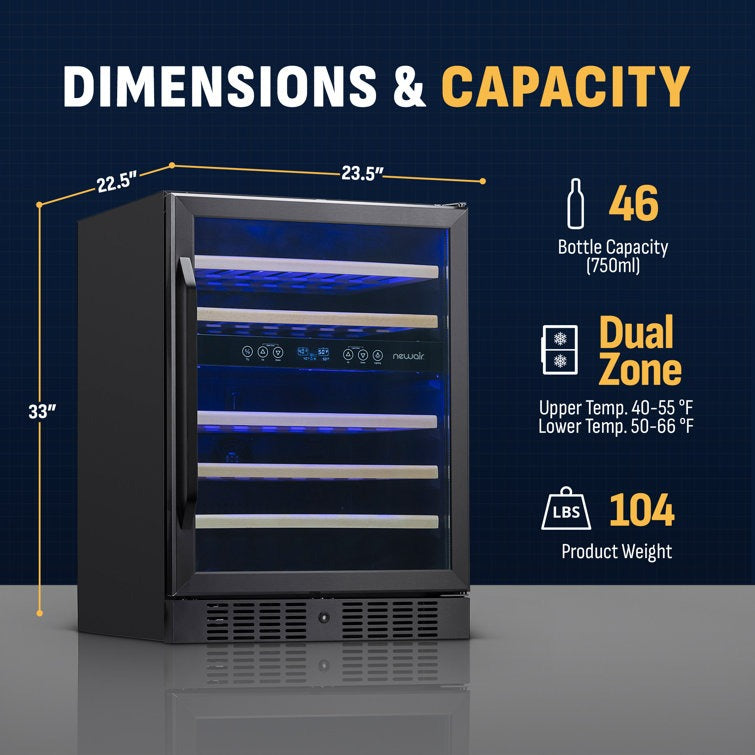 Newair 24" 46 Bottle Dual Zone Built-in Wine Refrigerator with Beechwood Shelves and Safety Lock