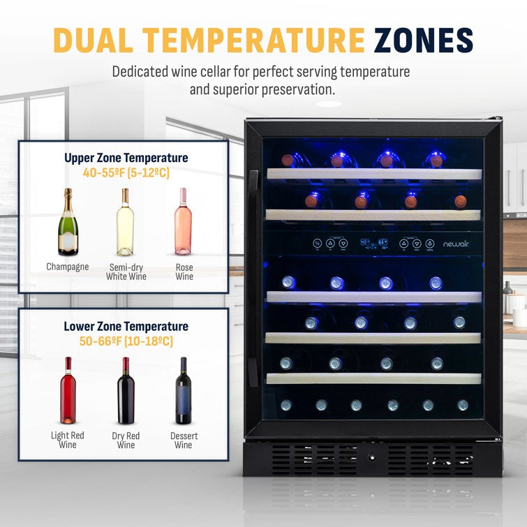 Newair 24" 46 Bottle Dual Zone Built-in Wine Refrigerator with Beechwood Shelves and Safety Lock