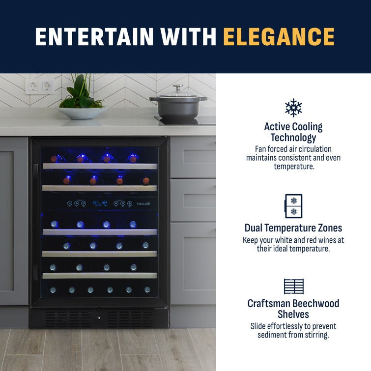 Newair 24" 46 Bottle Dual Zone Built-in Wine Refrigerator with Beechwood Shelves and Safety Lock