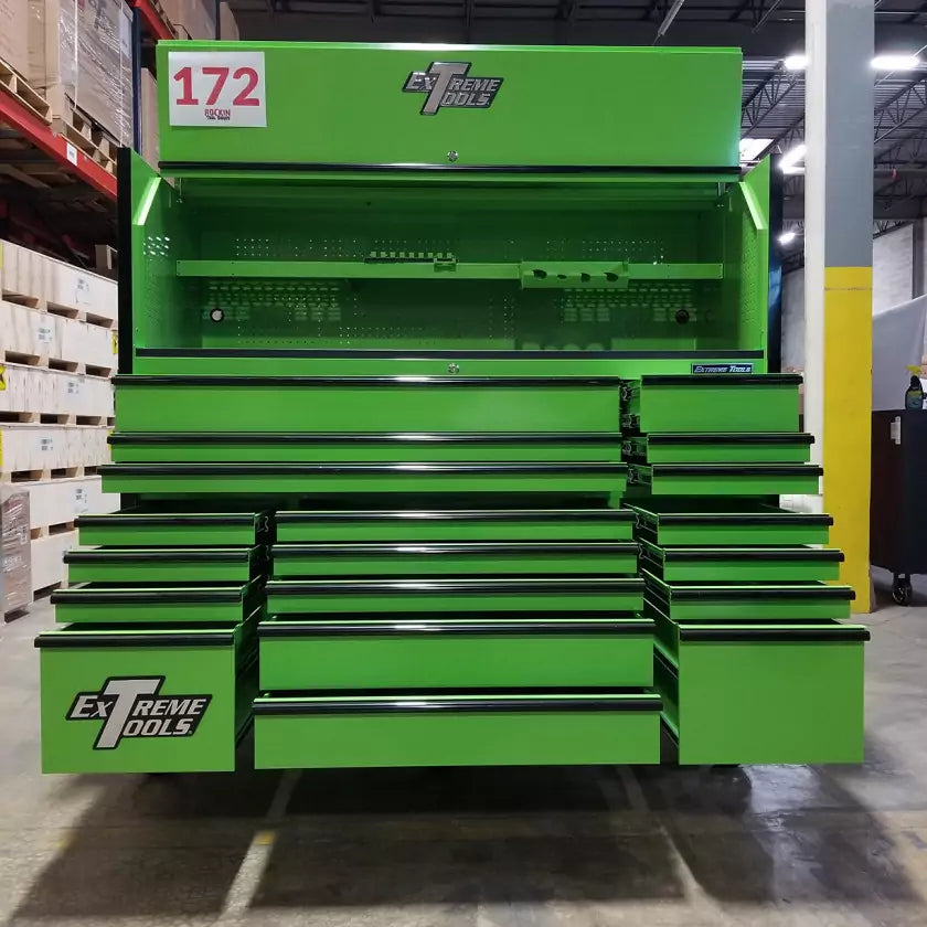 Scratch & Dent, Extreme Tools 72″ x 30″ 19 Drawers Roller Cabinet & Power Hutch Combo – ShowRoom Demo