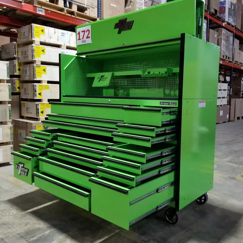 Scratch & Dent, Extreme Tools 72″ x 30″ 19 Drawers Roller Cabinet & Power Hutch Combo – ShowRoom Demo