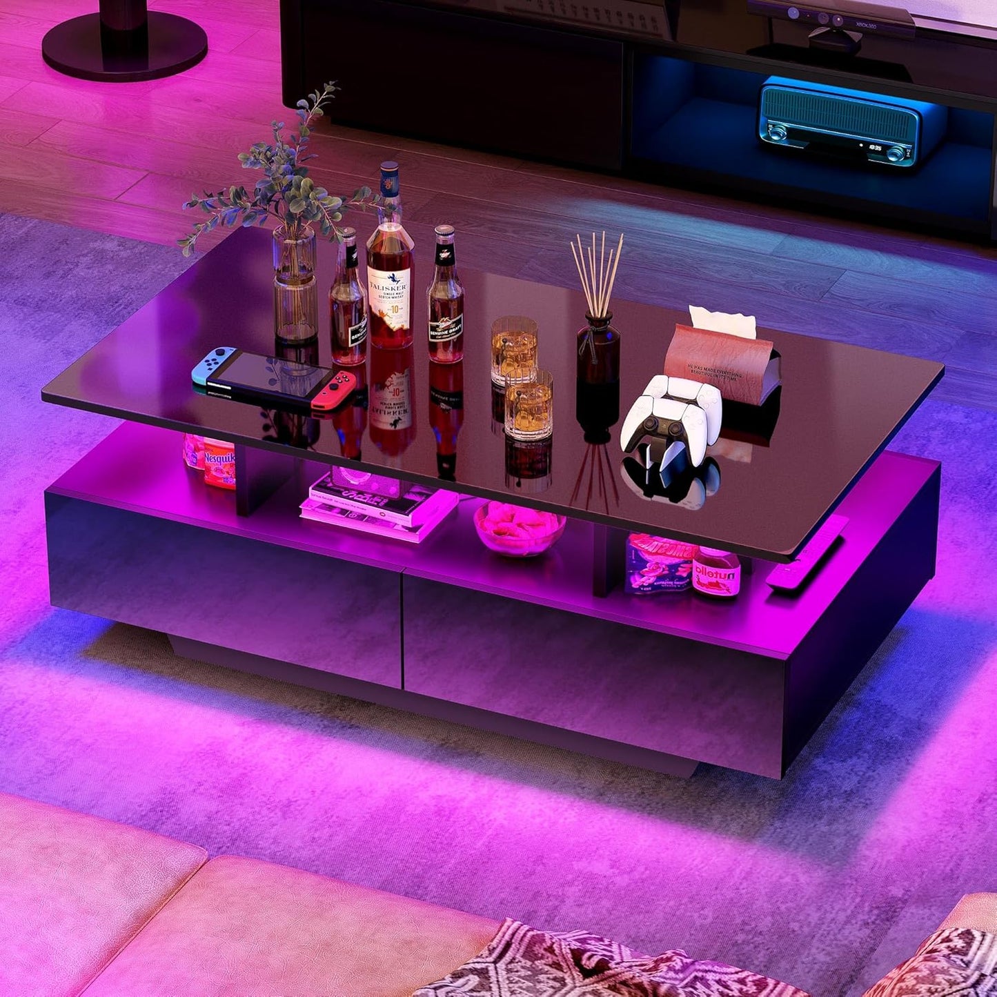 YITAHOME LED Coffee Table with Storage, High Glossy LED Coffee Tables for Living Room, Modern Black Rectangle Coffe Table, Small Center Table with Open Display Shelf & Sliding Drawers, Black