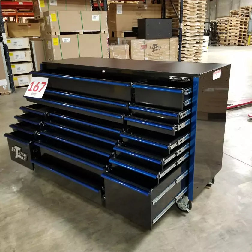 Showroom Demo, Extreme Tools RX Series 72″ 19 Drawers 25″ Deep Roller Cabinet, Black-Blue, 150 lbs. Slides