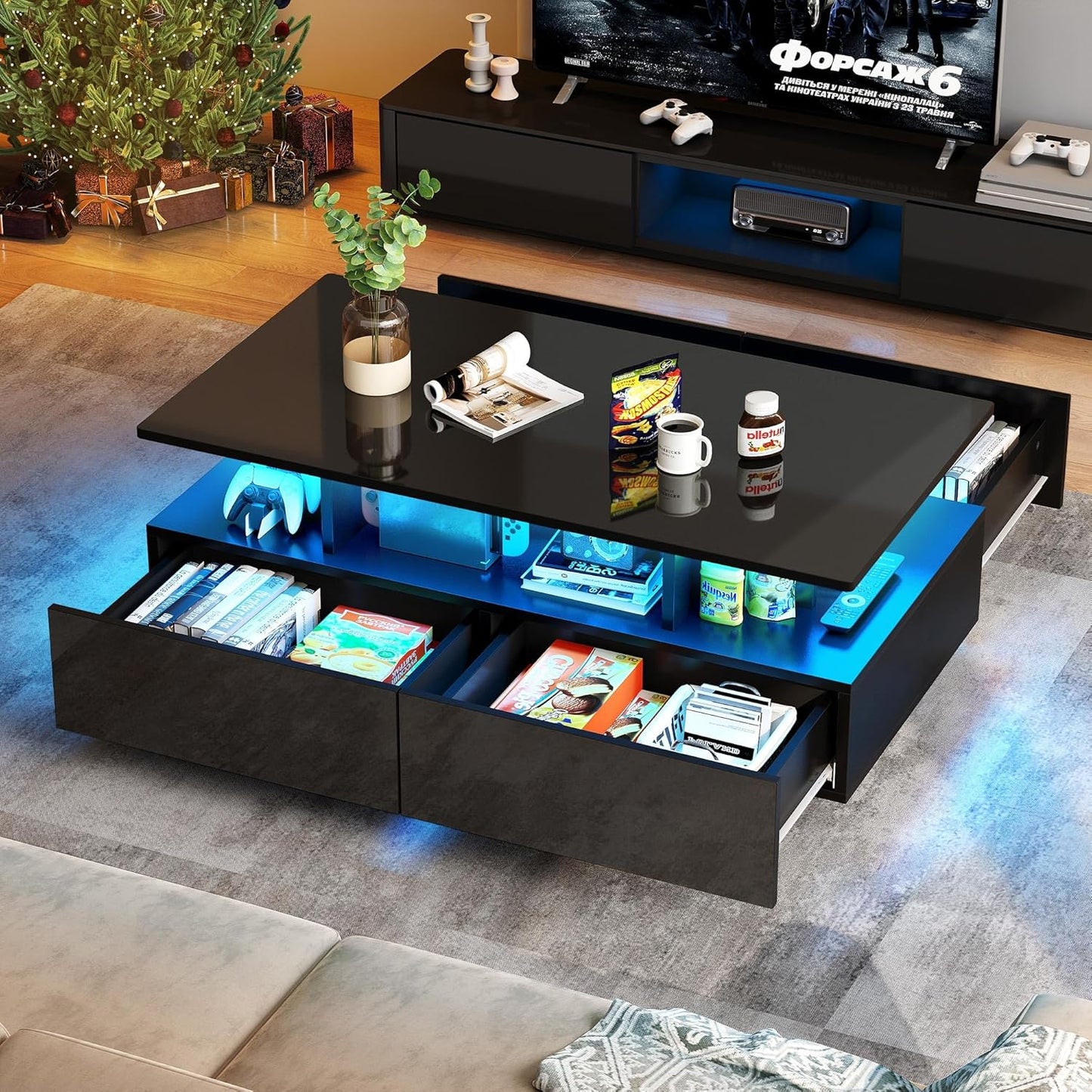 YITAHOME LED Coffee Table with Storage, High Glossy LED Coffee Tables for Living Room, Modern Black Rectangle Coffe Table, Small Center Table with Open Display Shelf & Sliding Drawers, Black