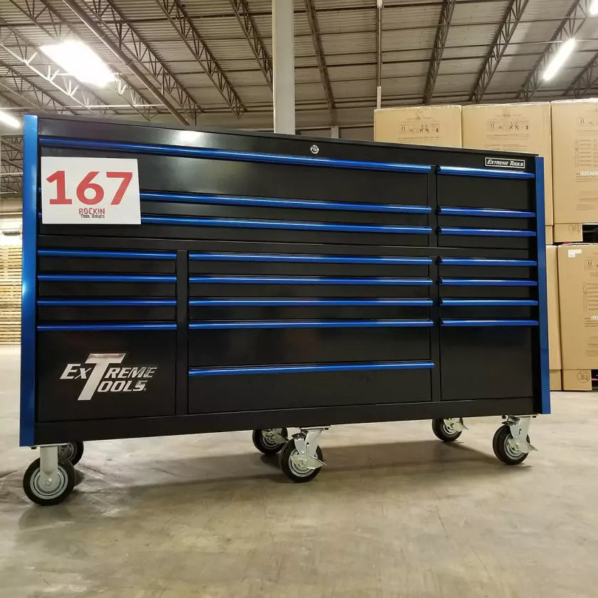 Showroom Demo, Extreme Tools RX Series 72″ 19 Drawers 25″ Deep Roller Cabinet, Black-Blue, 150 lbs. Slides