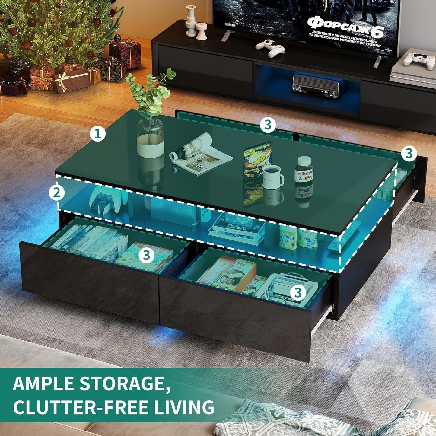 YITAHOME LED Coffee Table with Storage, High Glossy LED Coffee Tables for Living Room, Modern Black Rectangle Coffe Table, Small Center Table with Open Display Shelf & Sliding Drawers, Black