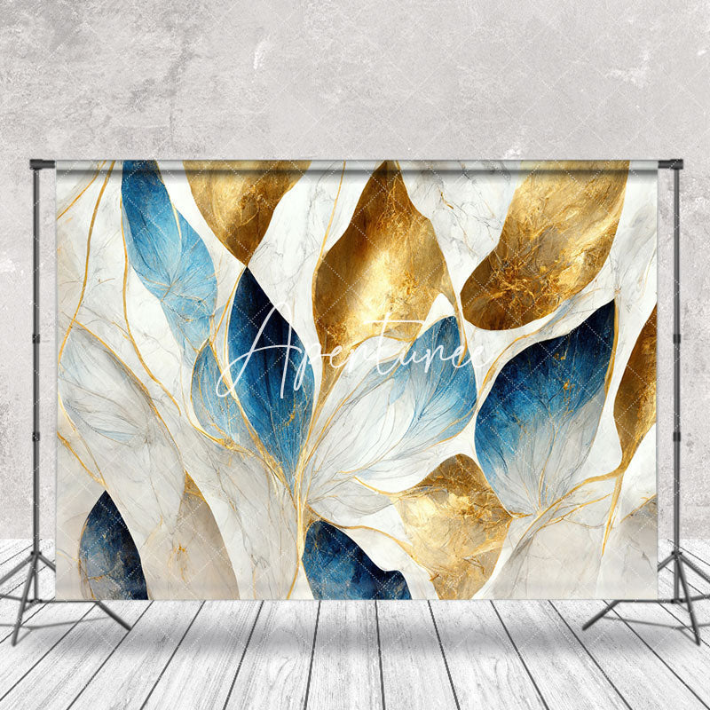 Blue Grey Gold Leaf Marble Texture Photo Backdrop