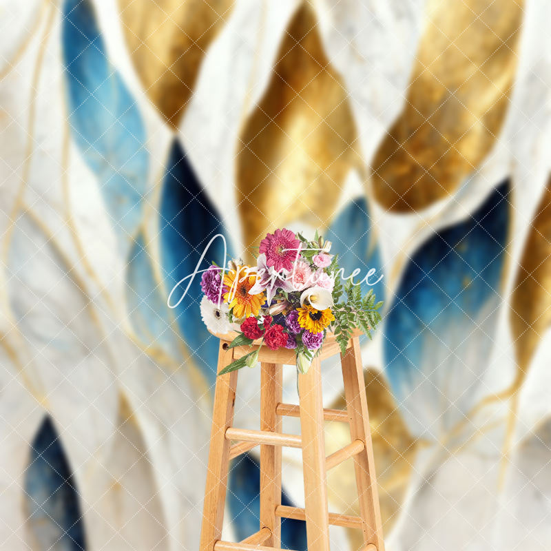 Blue Grey Gold Leaf Marble Texture Photo Backdrop