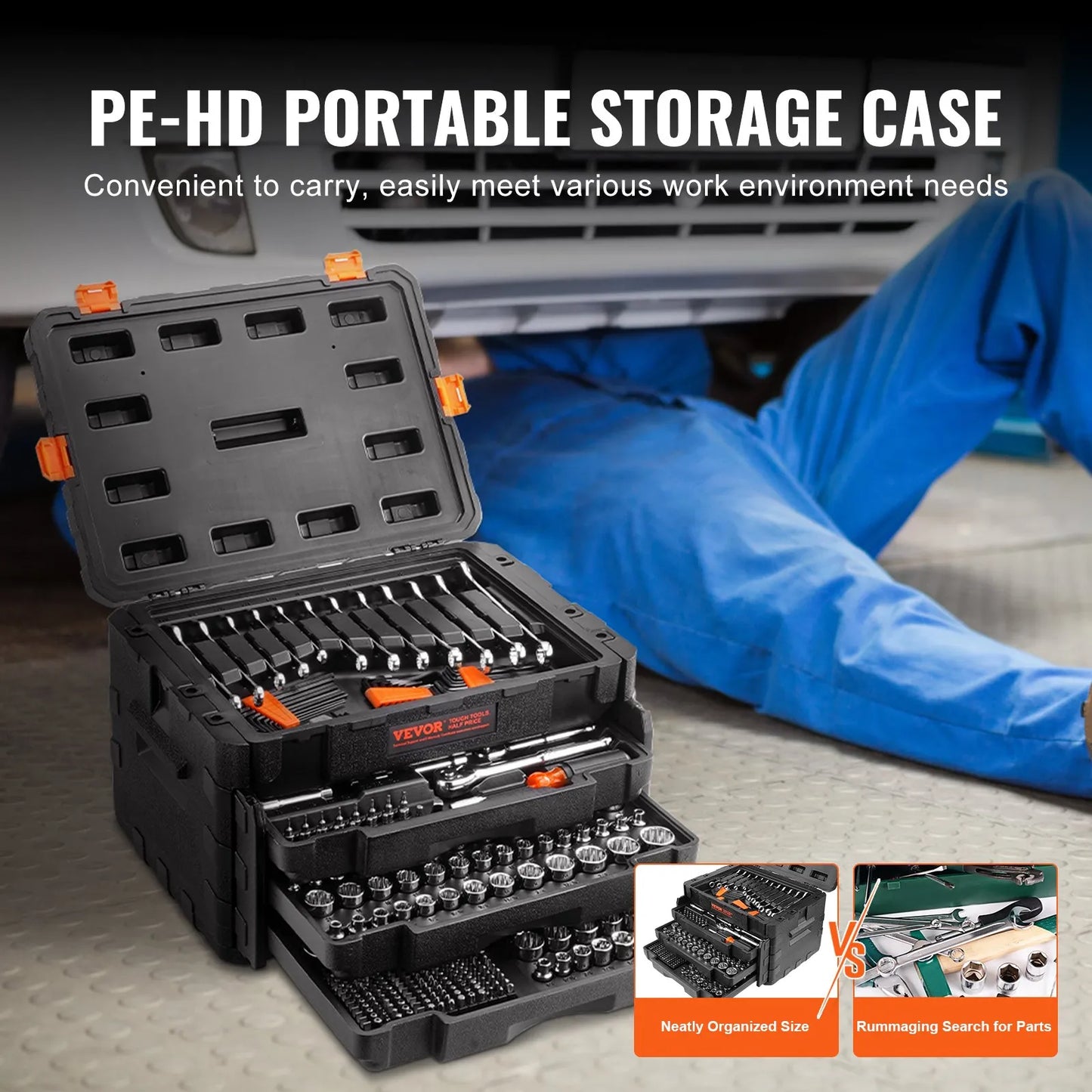 VEVOR Mechanics Tool Set and Socket Set, 1/4" 3/8" 1/2" Drive Deep and Standard Sockets, 450 Pcs SAE and Metric Mechanic Tool Kit with Bits, Hex Wrenches, Combination Wrench, Accessories, Storage Case