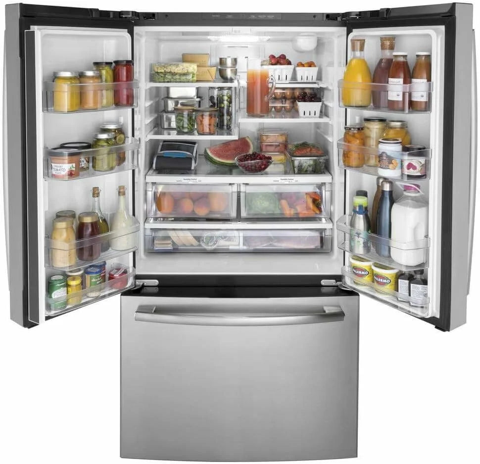 💝LAST DAY FOR CLEARANCE✨GE GNE27JYMFS French door refrigerator, 27 cubic feet total capacity, made of fingerprint-resistant stainless steel