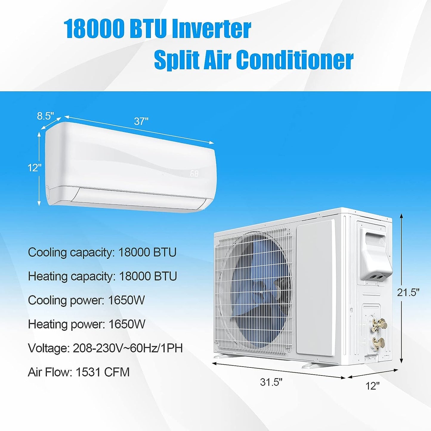 PETSITE 18000 BTU Air Conditioner, 19 SEER2 208-230V Wall Mounted Ductless AC Unit Energy Saving with Installation Kit Cools Rooms up to 1250 Sq. Ft, White
