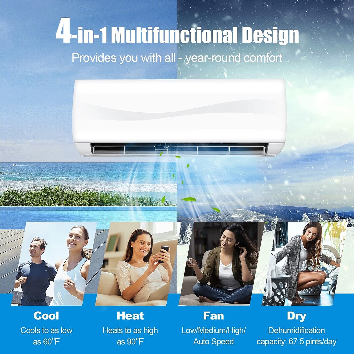 PETSITE 18000 BTU Air Conditioner, 19 SEER2 208-230V Wall Mounted Ductless AC Unit Energy Saving with Installation Kit Cools Rooms up to 1250 Sq. Ft, White