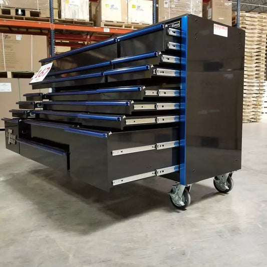 Showroom Demo, Extreme Tools RX Series 72″ 19 Drawers 25″ Deep Roller Cabinet, Black-Blue, 150 lbs. Slides