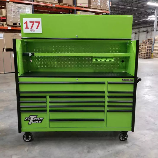 Scratch & Dent, Extreme Tools DX Series 72″ x 21″ Triple Bank Roller & Hutch Combo in Green-Black – Showroom Demo