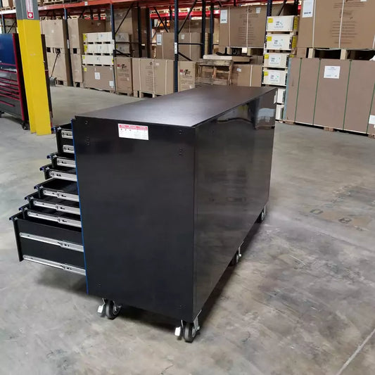 Showroom Demo, Extreme Tools RX Series 72″ 19 Drawers 25″ Deep Roller Cabinet, Black-Blue, 150 lbs. Slides