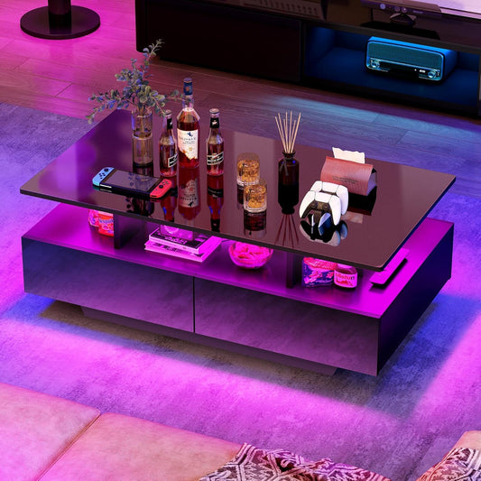 YITAHOME LED Coffee Table with Storage, High Glossy LED Coffee Tables for Living Room, Modern Black Rectangle Coffe Table, Small Center Table with Open Display Shelf & Sliding Drawers, Black