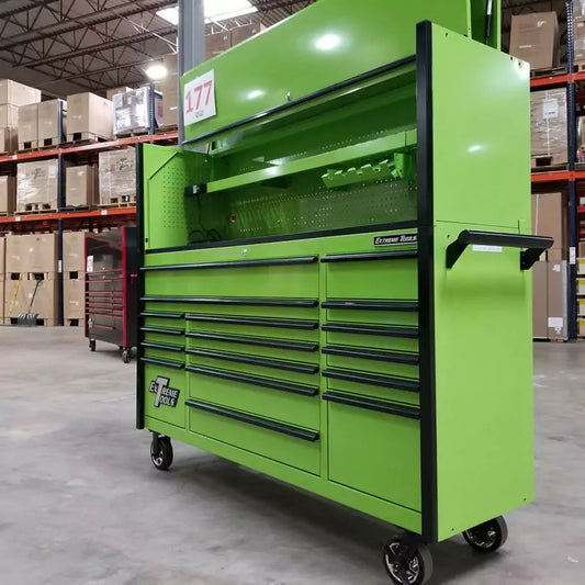 Scratch & Dent, Extreme Tools DX Series 72″ x 21″ Triple Bank Roller & Hutch Combo in Green-Black – Showroom Demo