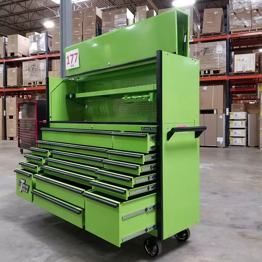 Scratch & Dent, Extreme Tools DX Series 72″ x 21″ Triple Bank Roller & Hutch Combo in Green-Black – Showroom Demo